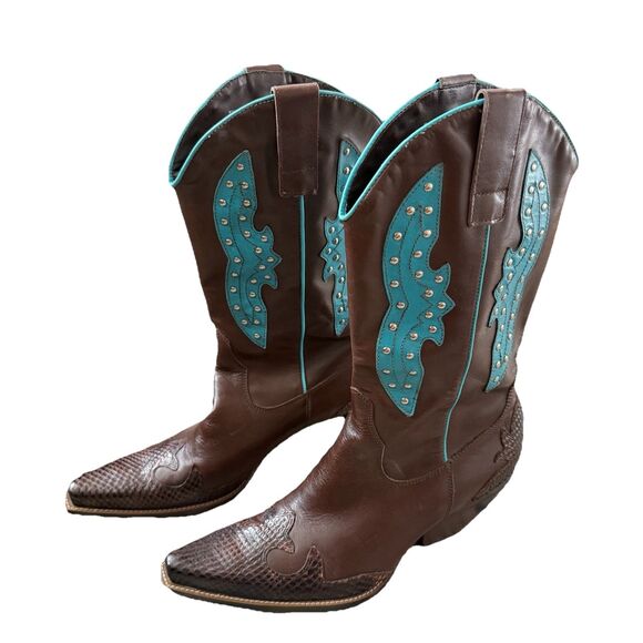 BCBG Pattern/studded Brown Leather Cowgirl Boots Turquoise Accents Brazil 7.5 - Picture 1 of 12